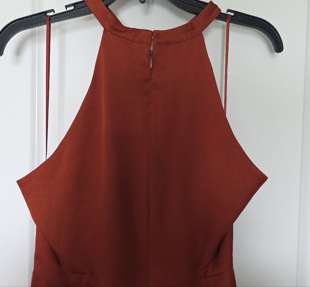 Badgley Mischka Rust Halter Ruffle High-Low Gown - Picture 16 of 16